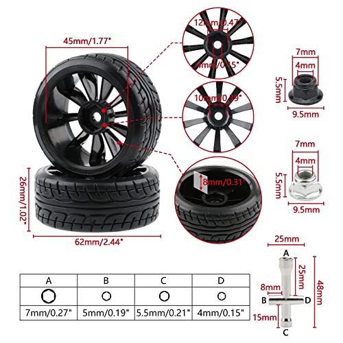 Rchobbytop 4pcs 1/10 RC Drift Wheels 12mm Hex Drift Wheels and Tires for HSP Redcat HPI Tamiya 3RACING Kyosho Traxxas Wltoys MST Exceed RC Drift Car, with 8pcs Flange Lock Nuts and Wrench - Image 3