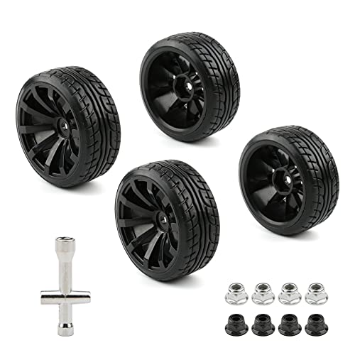Rchobbytop 4pcs 1/10 RC Drift Wheels 12mm Hex Drift Wheels and Tires for HSP Redcat HPI Tamiya 3RACING Kyosho Traxxas Wltoys MST Exceed RC Drift Car, with 8pcs Flange Lock Nuts and Wrench - Image 1