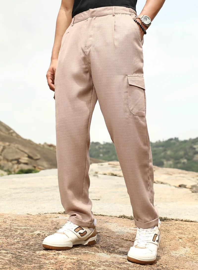 Campus Sutra Campus Sutra Men's Sand Beige Utility Relaxed-Chino Trousers | Mid-Rise , Straight Hem , Button Closure | Solid Plain | Polyester Blend Trousers For Casual Wear