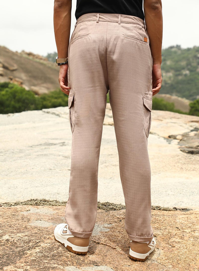 Campus Sutra Campus Sutra Men's Sand Beige Utility Relaxed-Chino Trousers | Mid-Rise , Straight Hem , Button Closure | Solid Plain | Polyester Blend Trousers For Casual Wear - Image 5