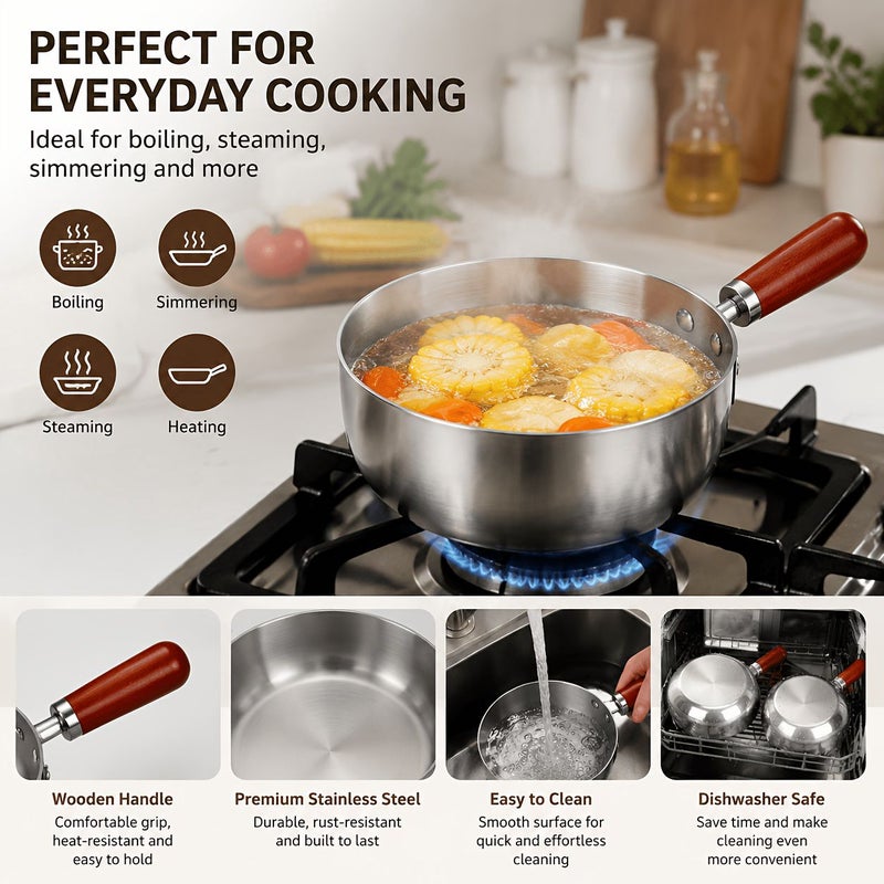 5.51inch With Lid Mini Stainless Steel Milk Pot with Glass Lid and Wooden Handle - Image 5