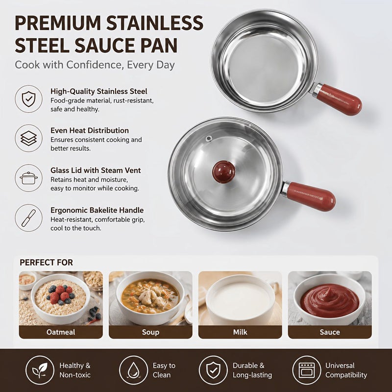 5.51inch With Lid Mini Stainless Steel Milk Pot with Glass Lid and Wooden Handle - Image 2