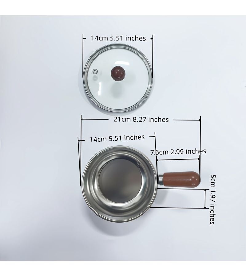 5.51inch With Lid Mini Stainless Steel Milk Pot with Glass Lid and Wooden Handle - Image 4