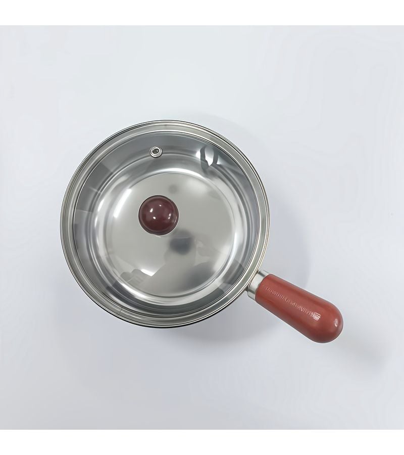 5.51inch With Lid Mini Stainless Steel Milk Pot with Glass Lid and Wooden Handle - Image 1