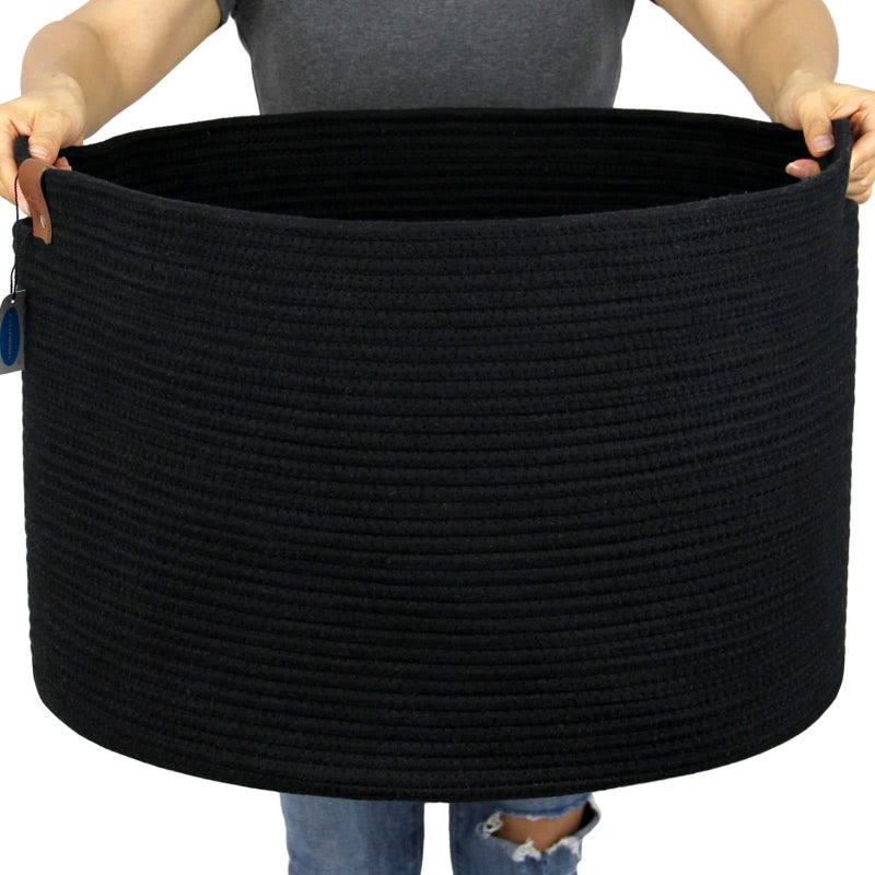 Casaphoria XXXLarge Cotton Rope Basket for Living Room  Woven Storage Basket with Handle for Blankets Towels and Pillows Laundry Hamper  Dark Black 21 x 21 x 138