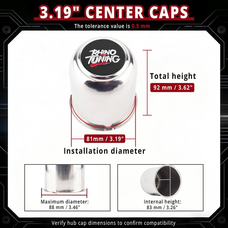 RTRHINOTUNING 4PCS 3.16" 80mm Stainless Steel Wheel Center Caps for Truck Trailer Rim Center Bore, 3.16" Hub, 3.84" Tall Chrome Push Through Hub Caps - Image 2