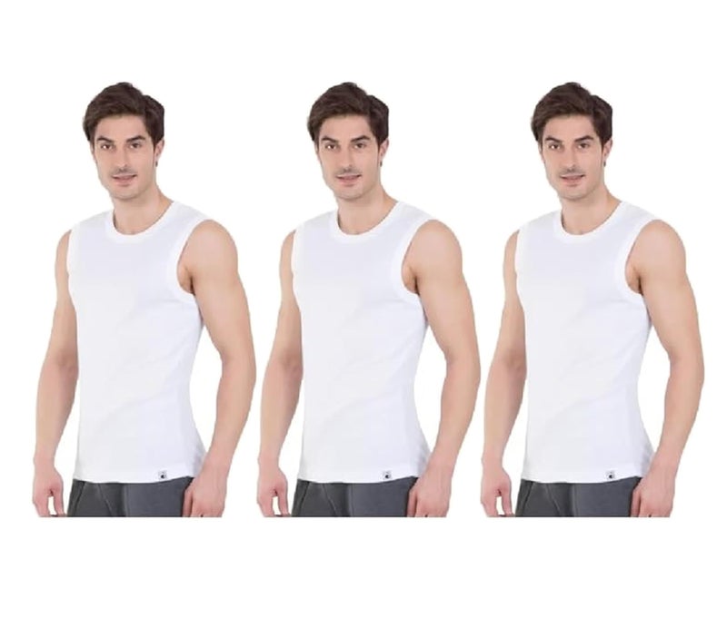 GMR Men Cotton Regular Fit Close Neck Muscle Tee White Vest - 100cm (Pack of 3) - Image 4