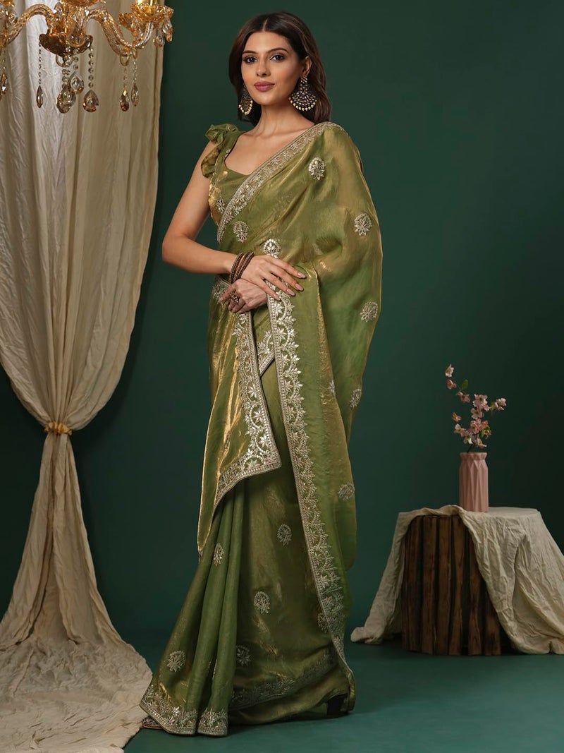 SAREE MALL Women's Light Green Satin Silk Embroidered Saree With Unstitched Blouse (KRIYNS4002_KH) - Image 4