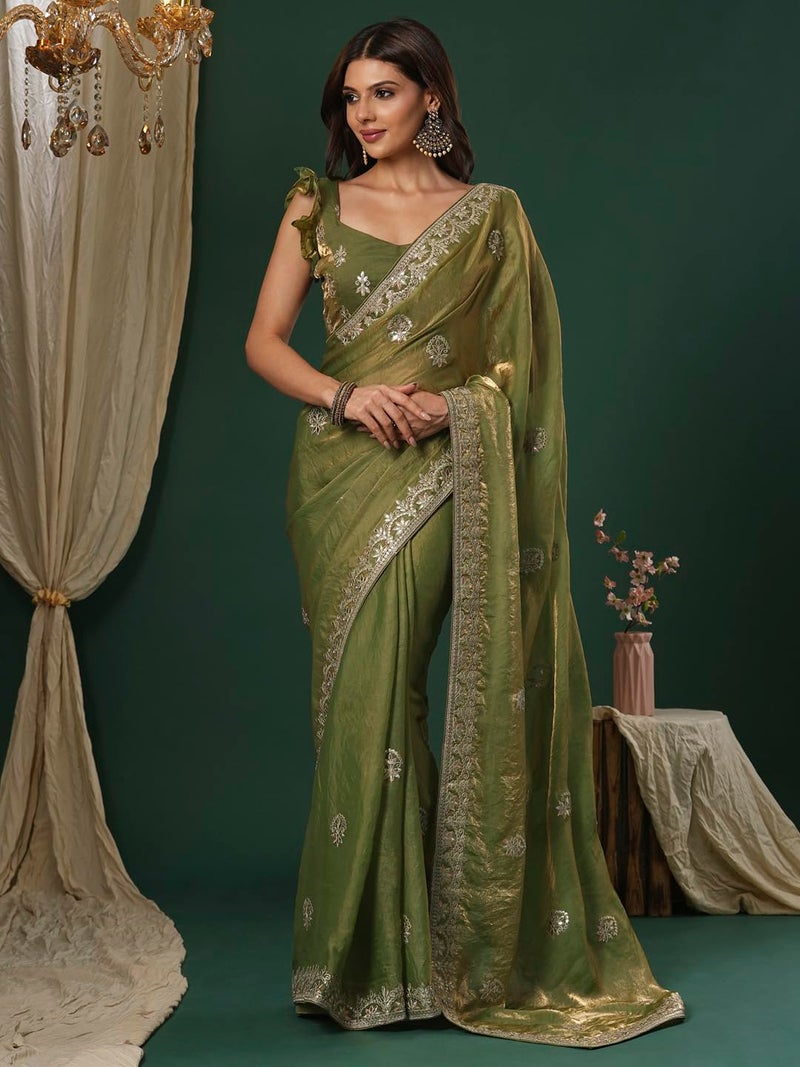 SAREE MALL Women's Light Green Satin Silk Embroidered Saree With Unstitched Blouse (KRIYNS4002_KH) - Image 3