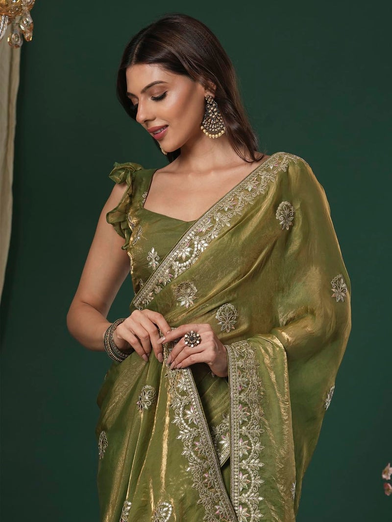 SAREE MALL Women's Light Green Satin Silk Embroidered Saree With Unstitched Blouse (KRIYNS4002_KH) - Image 5
