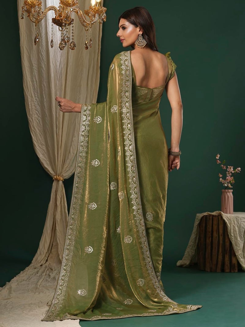 SAREE MALL Women's Light Green Satin Silk Embroidered Saree With Unstitched Blouse (KRIYNS4002_KH) - Image 2