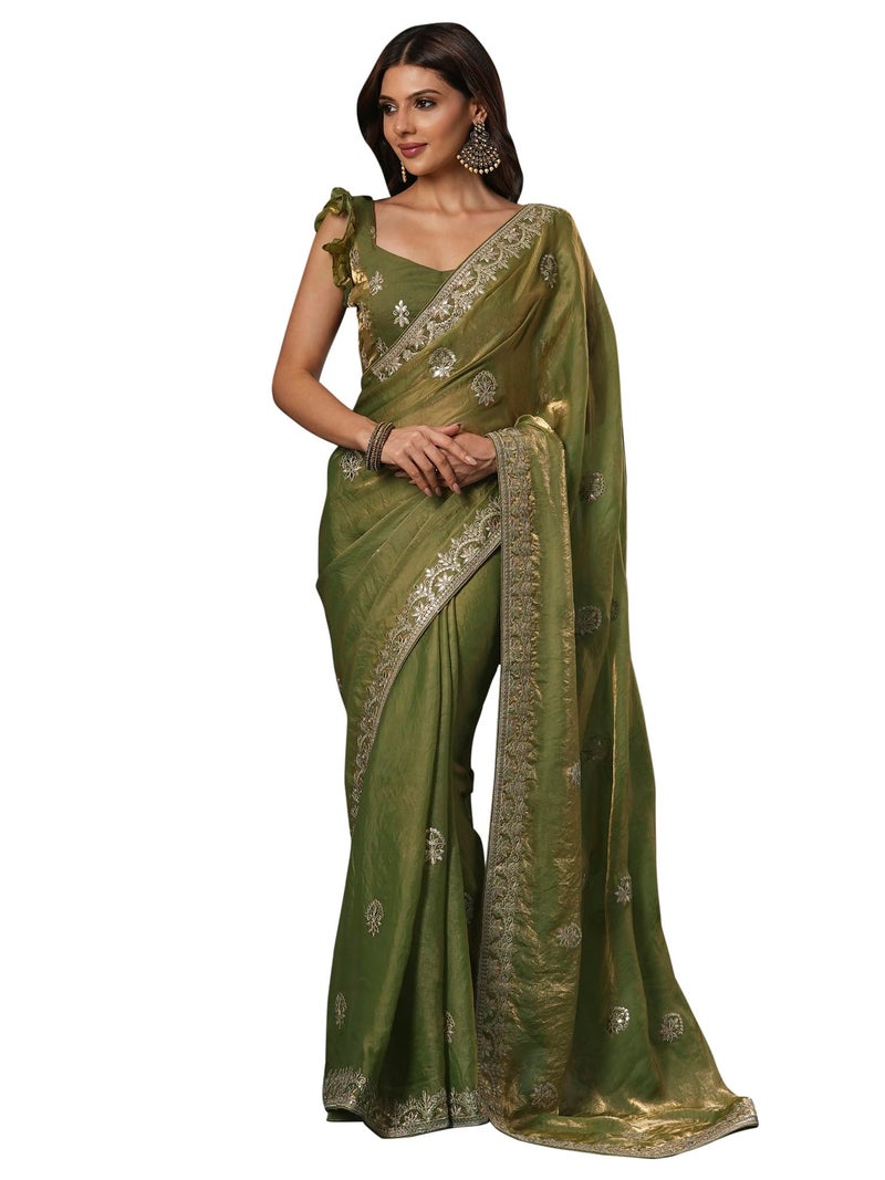 SAREE MALL Women's Light Green Satin Silk Embroidered Saree With Unstitched Blouse (KRIYNS4002_KH) - Image 1