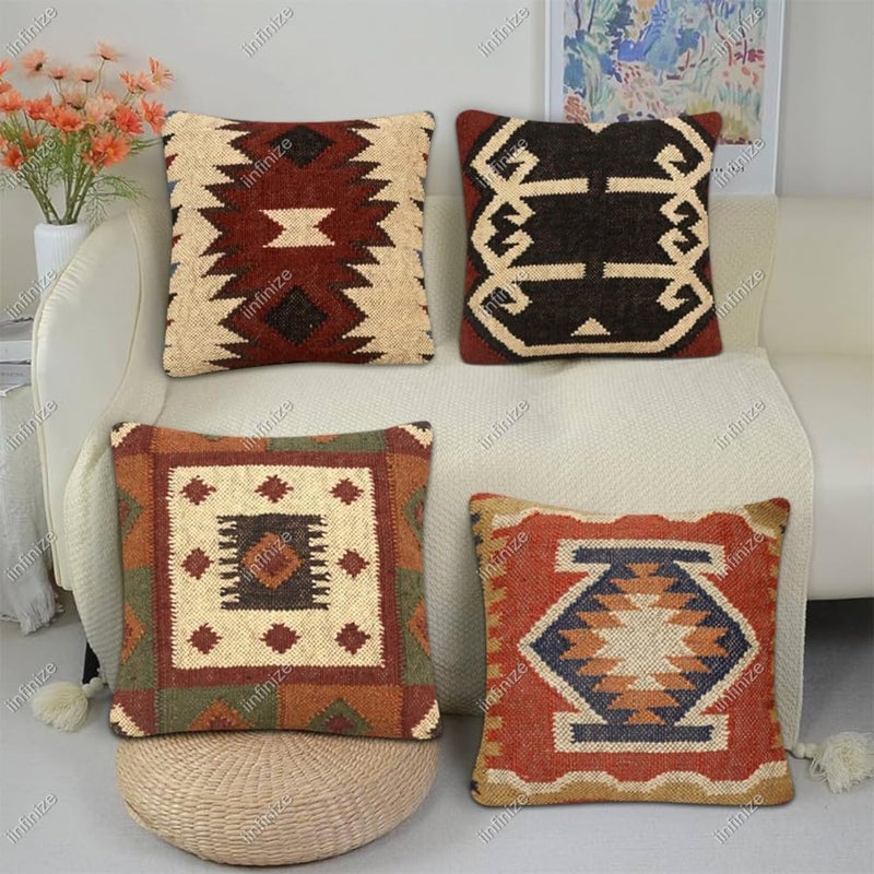 iinfinize Cushion Cover 18x18 Inches Pillow for Sofa Kilim Wool Jute Pillow Square Sofa Cushion Cover Stylish Pillow Designer Cushions for Living Room Throw Cushion 4 Pcs Pattern 03 - Image 1