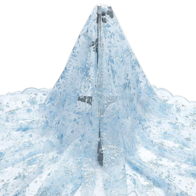 NBEADS 2 Yards Embroidered Flower Fabric, 51inch Polyester Mesh Embroidered Lace Trim Embroidery Tulle Fabric Garment Accessories for Dress Table DIY Crafts Curtain Home Vintage Decor, Light Blue - Image 1