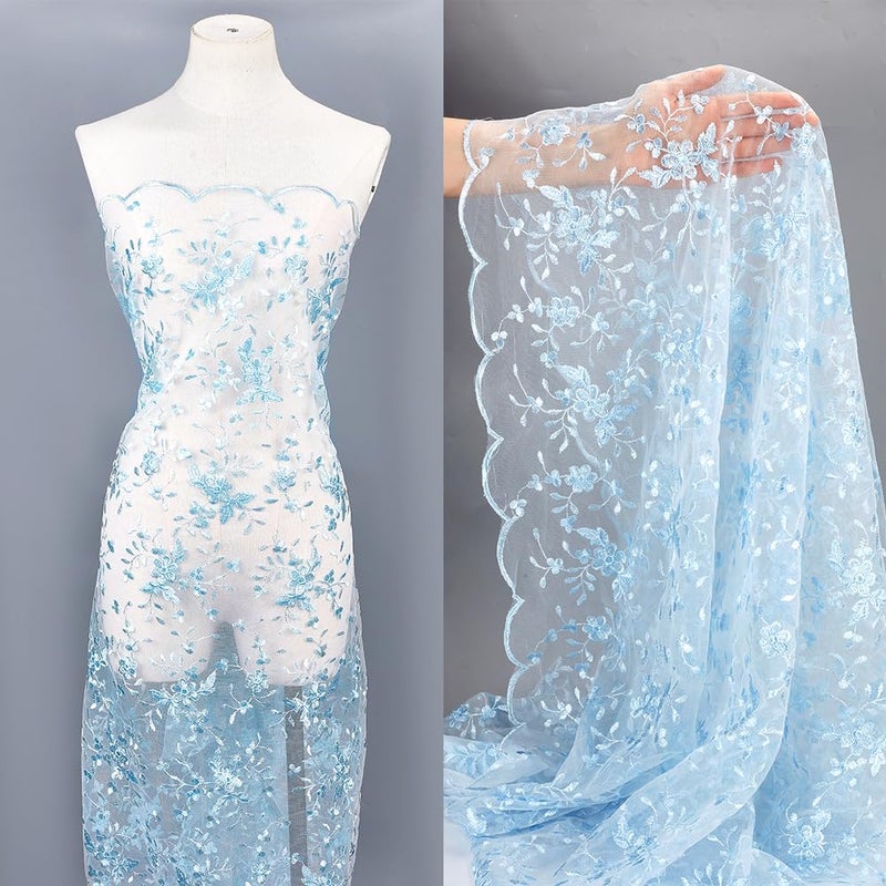 NBEADS 2 Yards Embroidered Flower Fabric, 51inch Polyester Mesh Embroidered Lace Trim Embroidery Tulle Fabric Garment Accessories for Dress Table DIY Crafts Curtain Home Vintage Decor, Light Blue - Image 4