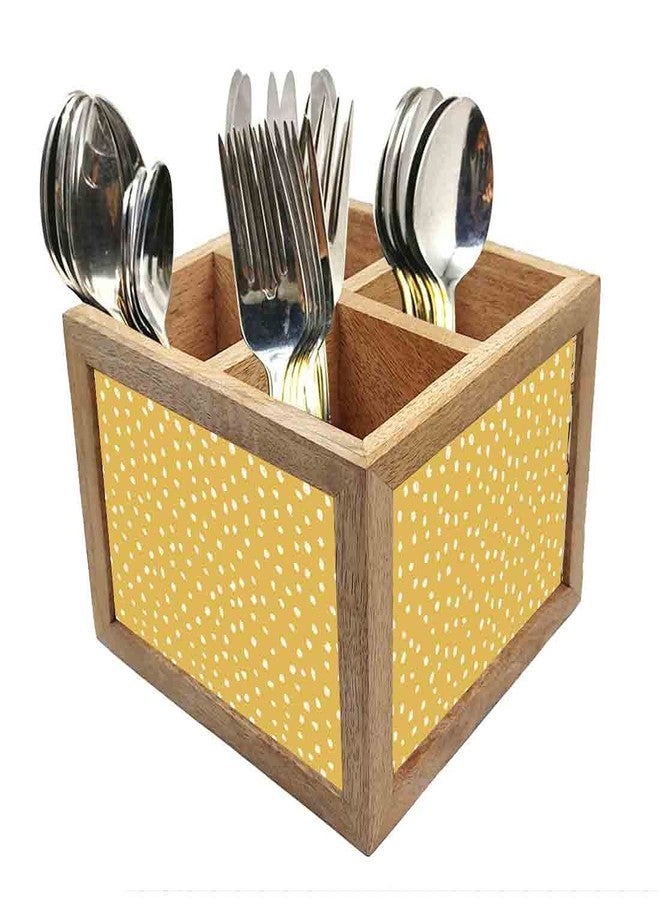 Nutcase Wooden Cutlery Stand Holder Silverware Caddy Spoons Forks Knives Organizer for Dining Table & Kitchen -Made in India-Spoons NOT Included - Yellow White Dots - Image 1