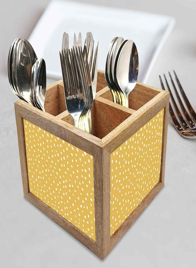 Nutcase Wooden Cutlery Stand Holder Silverware Caddy Spoons Forks Knives Organizer for Dining Table & Kitchen -Made in India-Spoons NOT Included - Yellow White Dots - Image 2