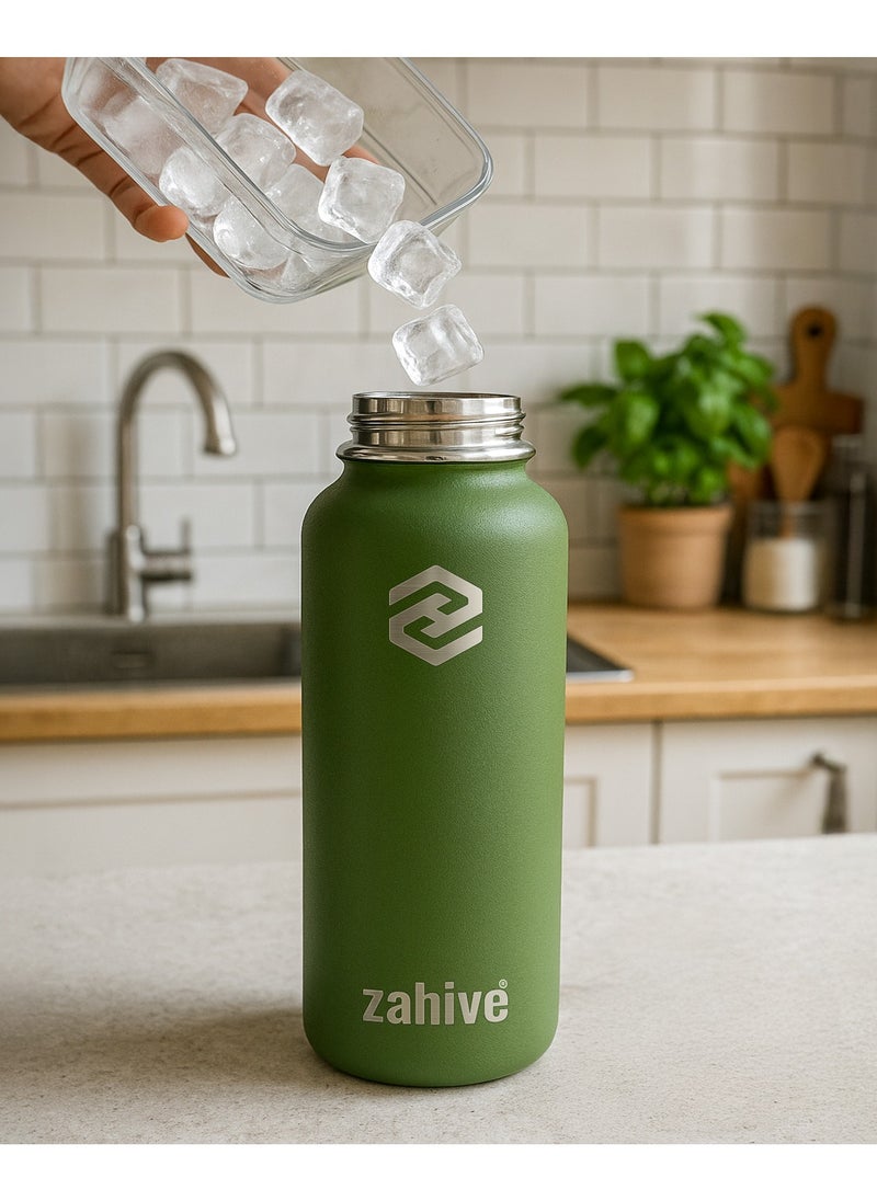 Insulated Stainless Steel Water Bottle with Straw with 3 Lids and Bag 1000 ml, Double Wall Thermos for Hot and Cold Drinks, Wide Mouth, Leak Proof, 1 liter, Army Green