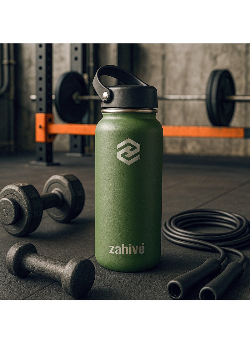 Insulated Stainless Steel Water Bottle with Straw with 3 Lids and Bag 1000 ml, Double Wall Thermos for Hot and Cold Drinks, Wide Mouth, Leak Proof, 1 liter, Army Green