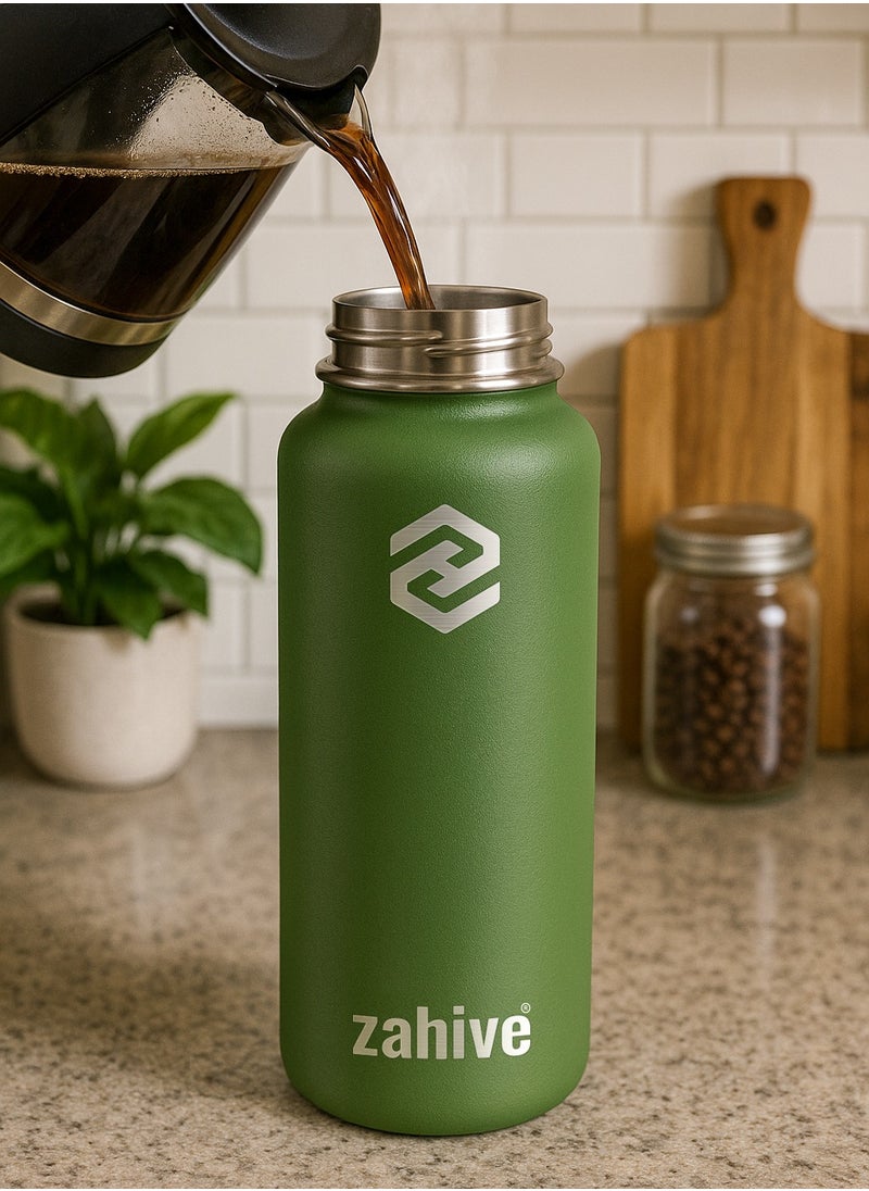 Insulated Stainless Steel Water Bottle with Straw with 3 Lids and Bag 1000 ml, Double Wall Thermos for Hot and Cold Drinks, Wide Mouth, Leak Proof, 1 liter, Army Green