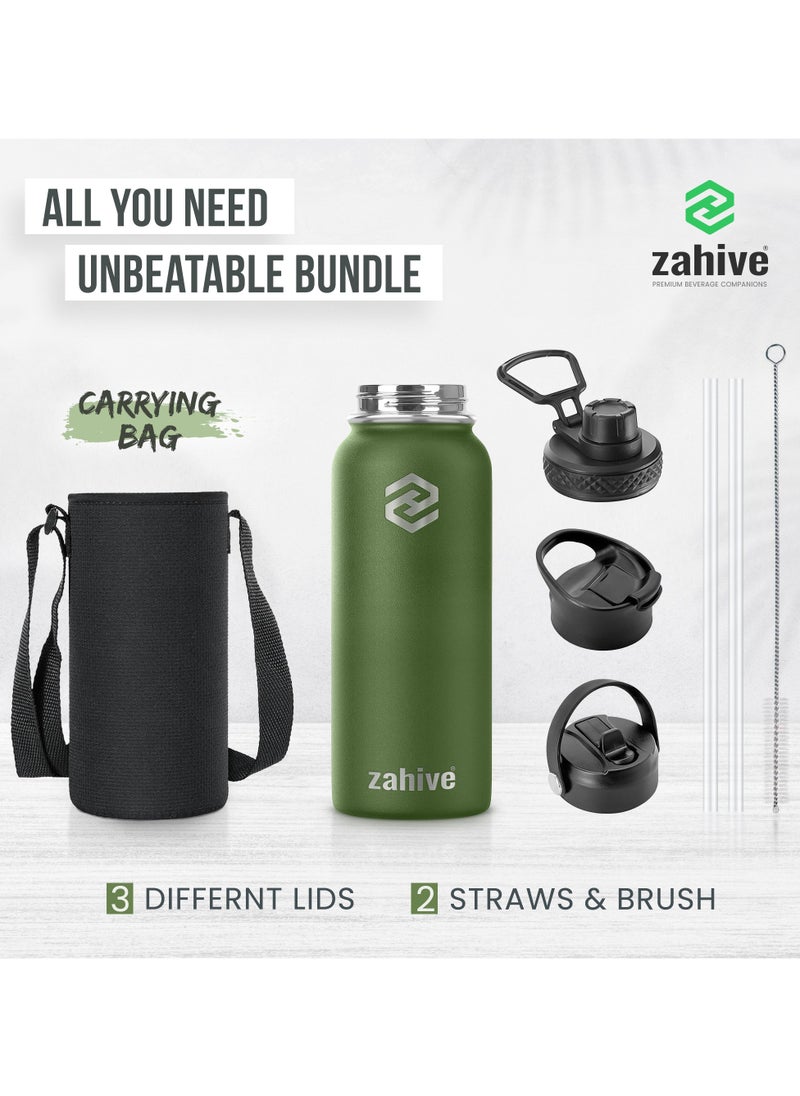 Insulated Stainless Steel Water Bottle with Straw with 3 Lids and Bag 1000 ml, Double Wall Thermos for Hot and Cold Drinks, Wide Mouth, Leak Proof, 1 liter, Army Green
