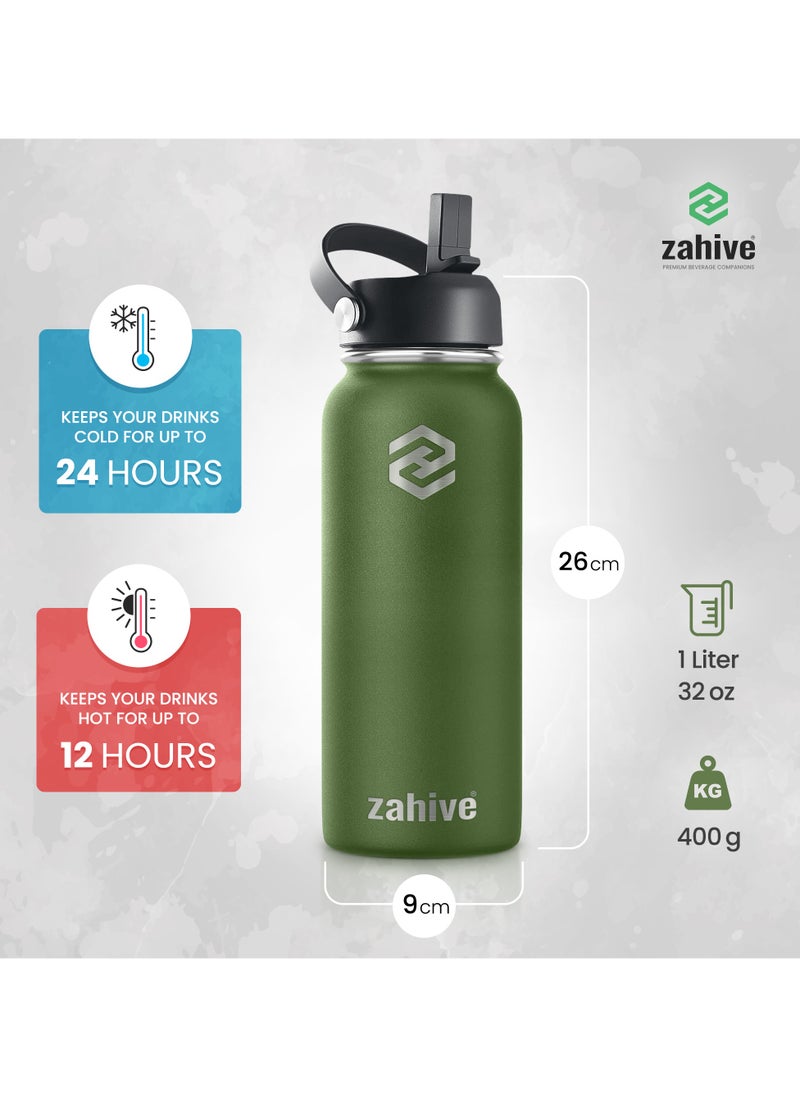 Insulated Stainless Steel Water Bottle with Straw with 3 Lids and Bag 1000 ml, Double Wall Thermos for Hot and Cold Drinks, Wide Mouth, Leak Proof, 1 liter, Army Green