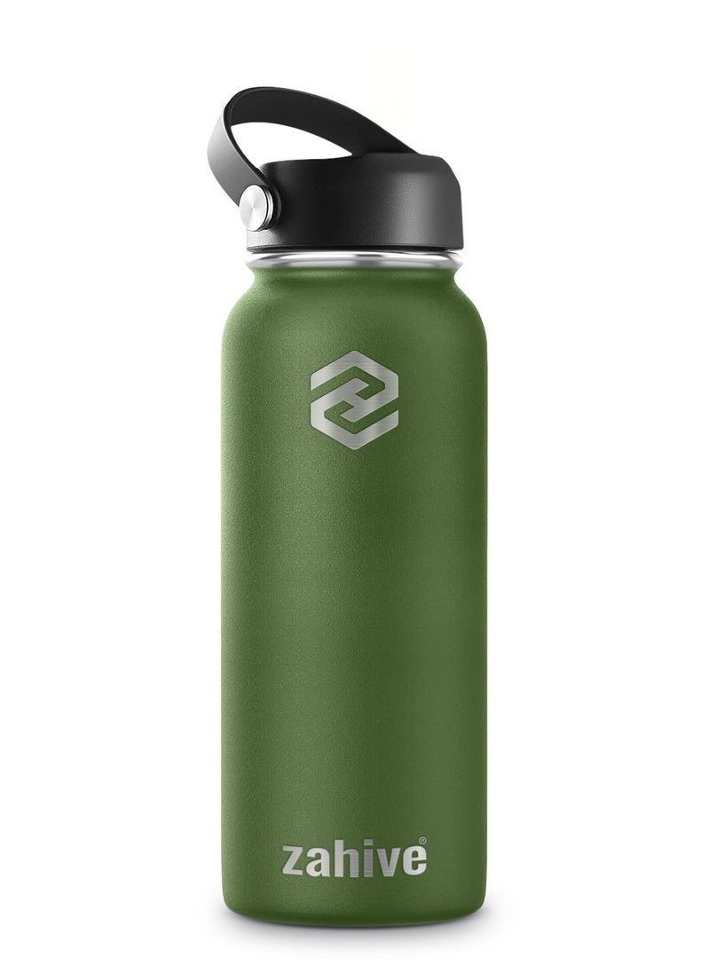 Insulated Stainless Steel Water Bottle with Straw with 3 Lids and Bag 1000 ml, Double Wall Thermos for Hot and Cold Drinks, Wide Mouth, Leak Proof, 1 liter, Army Green
