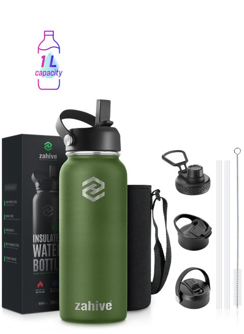 Insulated Stainless Steel Water Bottle with Straw with 3 Lids and Bag 1000 ml, Double Wall Thermos for Hot and Cold Drinks, Wide Mouth, Leak Proof, 1 liter, Army Green