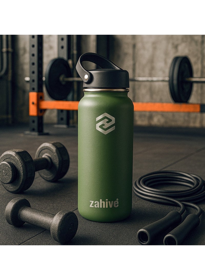 Zahive Insulated Stainless Steel Water Bottle with Straw with 3 Lids and Bag 1000 ml, Double Wall Thermos for Hot and Cold Drinks for Gym and Work, Wide Mouth, Leak Proof, 1 liter, Army Green - Image 3