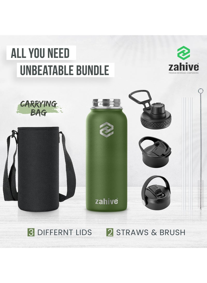 Zahive Insulated Stainless Steel Water Bottle with Straw with 3 Lids and Bag 1000 ml, Double Wall Thermos for Hot and Cold Drinks for Gym and Work, Wide Mouth, Leak Proof, 1 liter, Army Green - Image 2