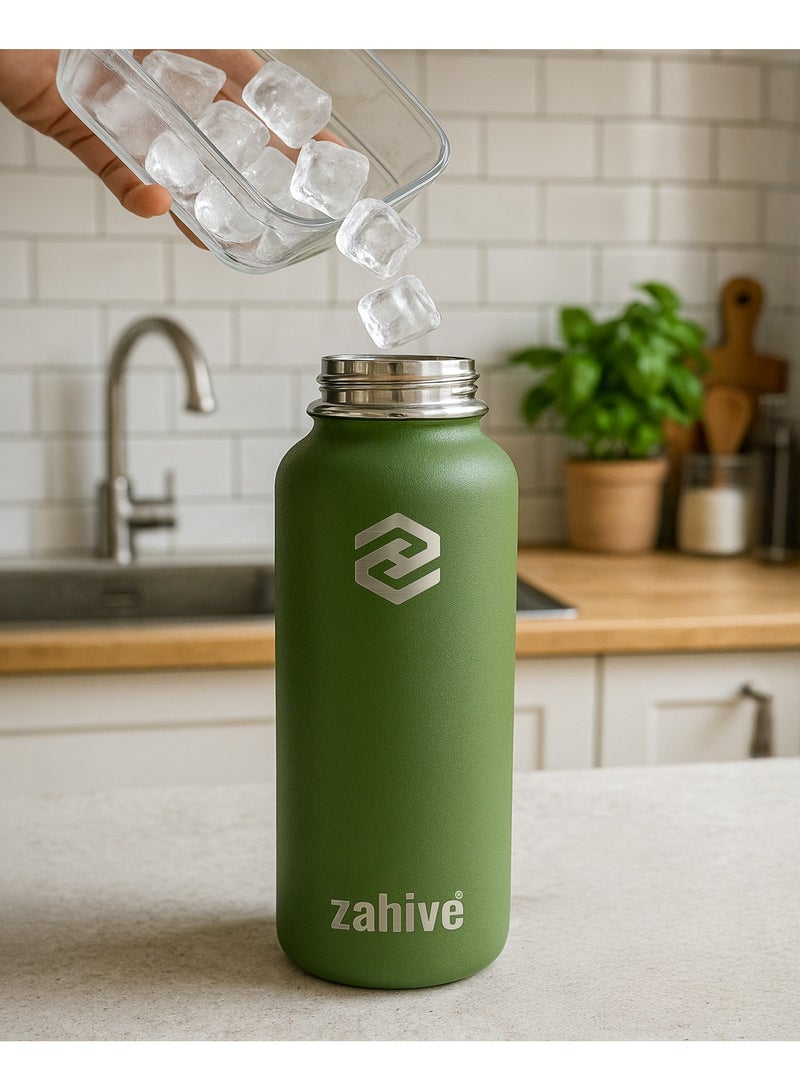 Zahive Insulated Stainless Steel Water Bottle with Straw with 3 Lids and Bag 1000 ml, Double Wall Thermos for Hot and Cold Drinks for Gym and Work, Wide Mouth, Leak Proof, 1 liter, Army Green - Image 4