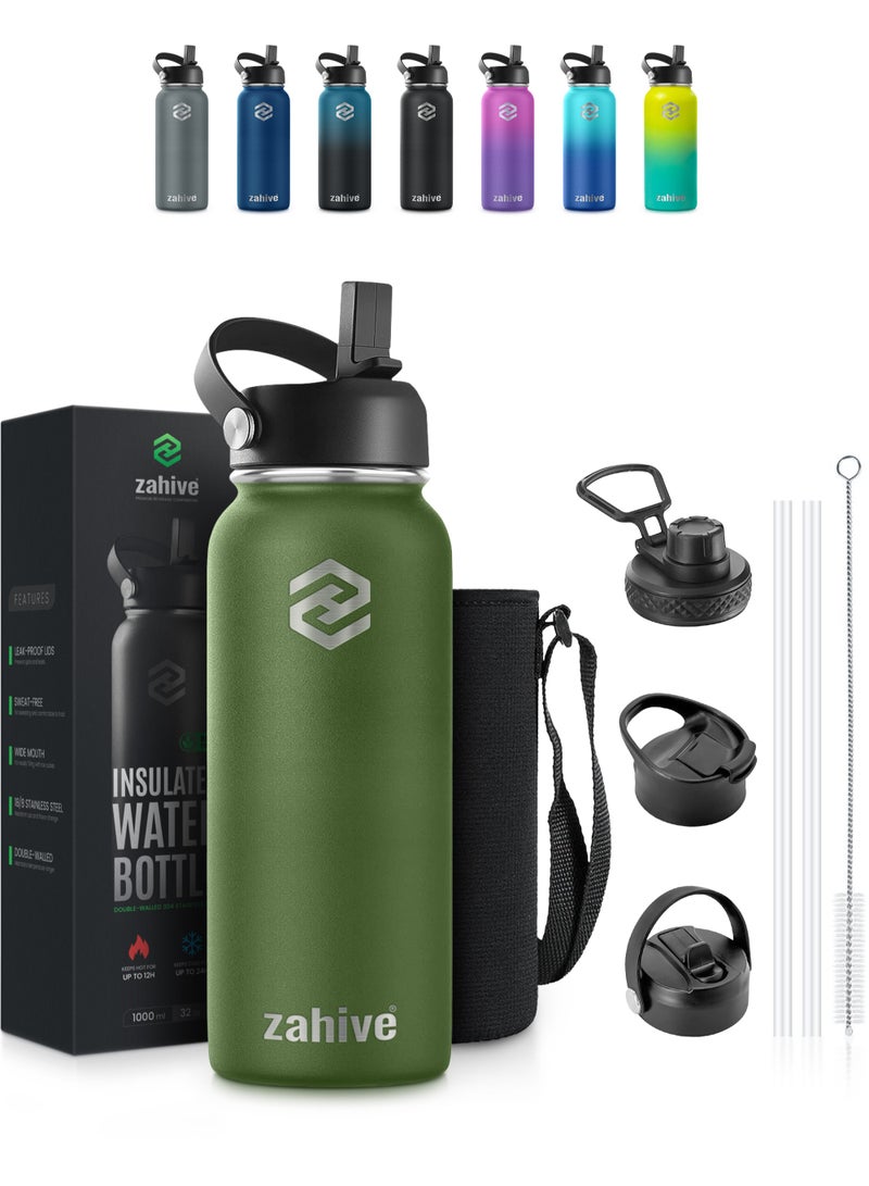 Zahive Insulated Stainless Steel Water Bottle with Straw with 3 Lids and Bag 1000 ml, Double Wall Thermos for Hot and Cold Drinks for Gym and Work, Wide Mouth, Leak Proof, 1 liter, Army Green - Image 1