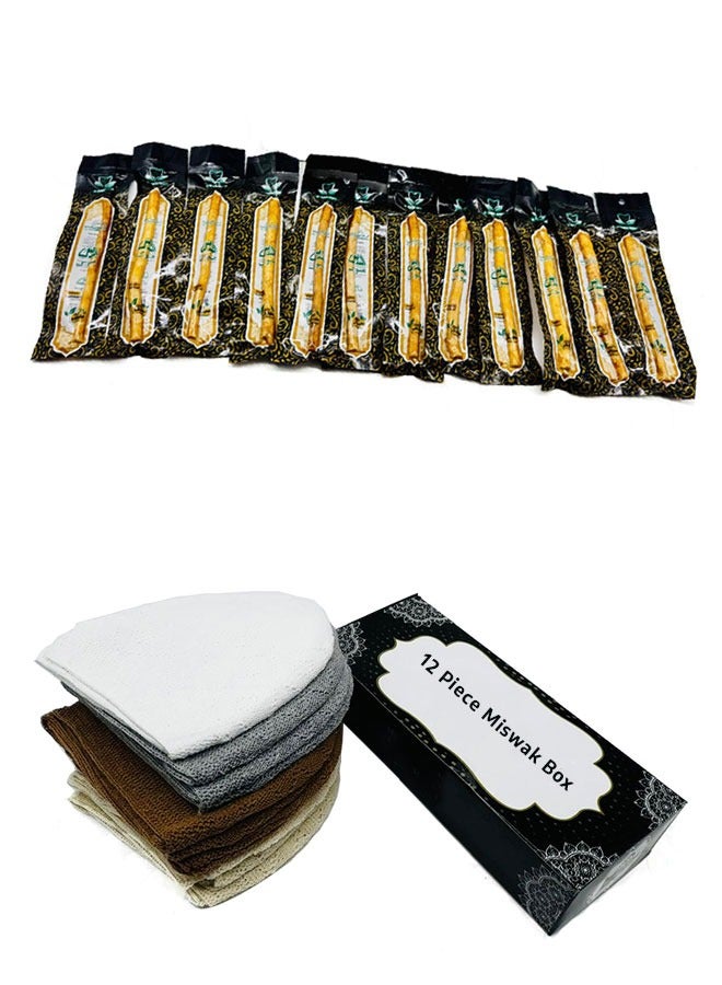 12 Pieces Multicolor Prayer Caps + 1 Box Peelu Wood Miswak Sticks | Islamic Essentials Combo Gift Set for Men | Sunnah Oral & Worship Kit - Image 1