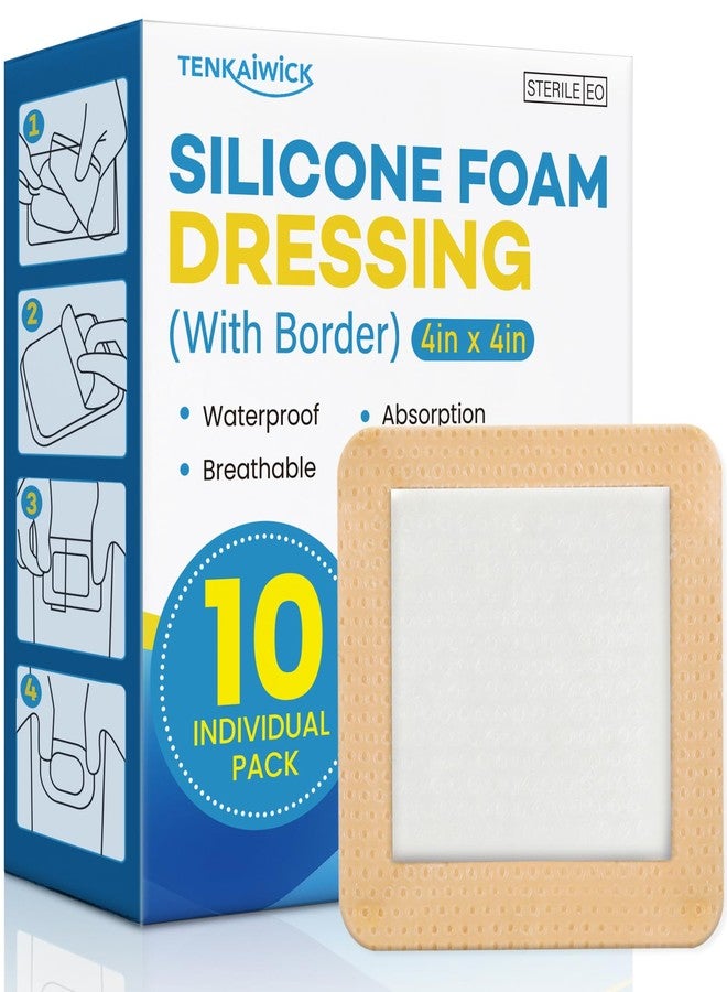 TENKAIWICK 10 Pack Silicone Foam Dressing 4"x4" with Adhesive Border, High Absorbency Silicone Bandages, Waterproof Foam Bandages for Wounds Care, Bed Sore, Diabetic Foot Ulcers - Image 1