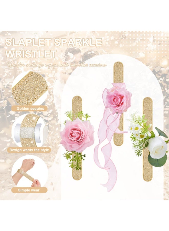 Gold Floral Slaplet Wrist Corsage Bracelets, 6 Pieces Adjustable Wristlet Band, DIY Decorative Accessories for Wedding, Bridal Shower, Prom & Party - Image 3
