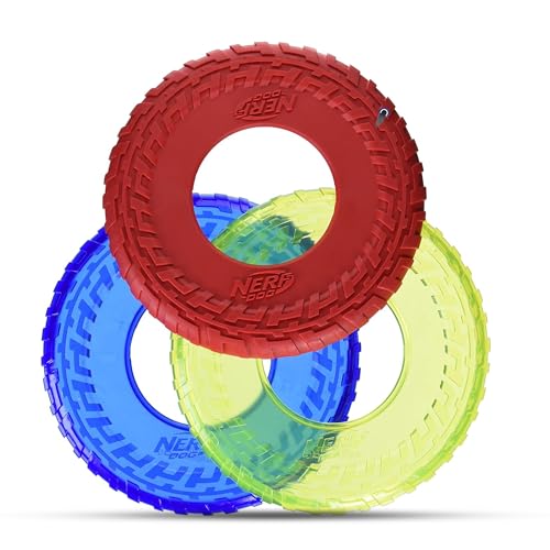 Nerf Dog Tire Flyer Dog Toy Gift Set 10 Inch Flying Disc Dog Fetch Toys Rubber Dog Toy for Medium Dogs and Large Dogs Red Translucent Green and Translucent Blue 3 Count - Image 1