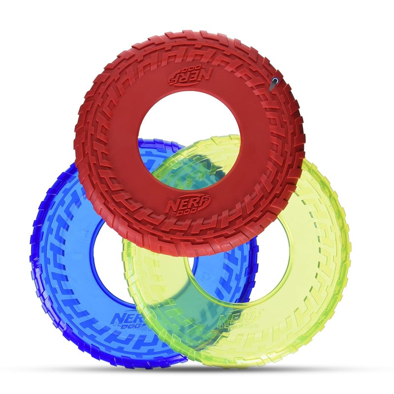 Nerf Dog Tire Flyer Dog Toy Gift Set 10 Inch Flying Disc Dog Fetch Toys Rubber Dog Toy for Medium Dogs and Large Dogs Red Translucent Green and Translucent Blue 3 Count - Image 2