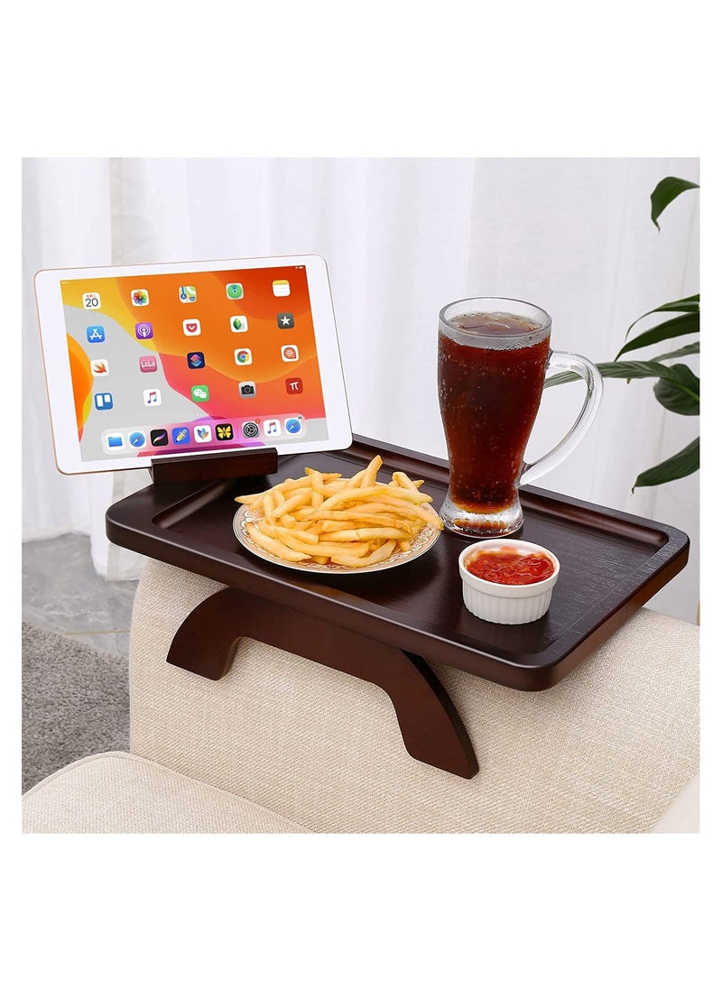 NNEWVANTE - Sofa Armrest Tray, Clip On Couch Arm Table, Foldable Sofa Arm Tray with 360° Rotating Phone Holder and Stable Sofa Table for Eating and Drink (Brown) - Image 1