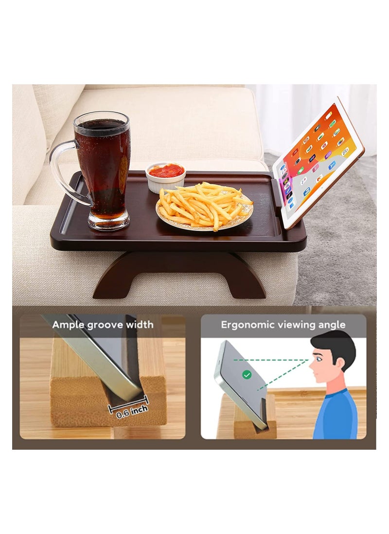 NNEWVANTE - Sofa Armrest Tray, Clip On Couch Arm Table, Foldable Sofa Arm Tray with 360° Rotating Phone Holder and Stable Sofa Table for Eating and Drink (Brown) - Image 1