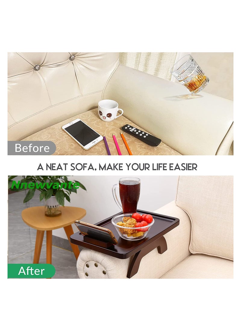 NNEWVANTE - Sofa Armrest Tray, Clip On Couch Arm Table, Foldable Sofa Arm Tray with 360° Rotating Phone Holder and Stable Sofa Table for Eating and Drink (Brown) - Image 1