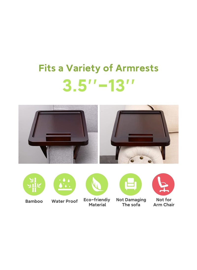 NNEWVANTE - Sofa Armrest Tray, Clip On Couch Arm Table, Foldable Sofa Arm Tray with 360° Rotating Phone Holder and Stable Sofa Table for Eating and Drink (Brown) - Image 1