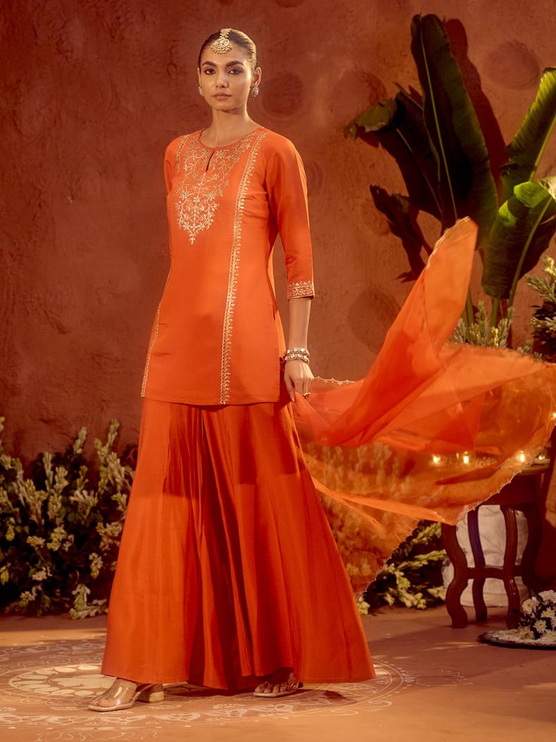 FIORRA Women’s Orange Viscose Chanderi Embroidered Ethnic Straight Kurta Set with Dupatta - Image 4