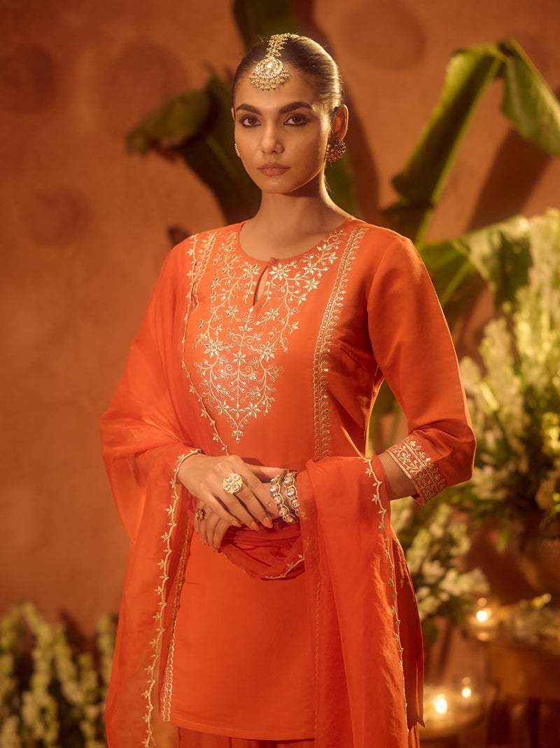FIORRA Women’s Orange Viscose Chanderi Embroidered Ethnic Straight Kurta Set with Dupatta - Image 5