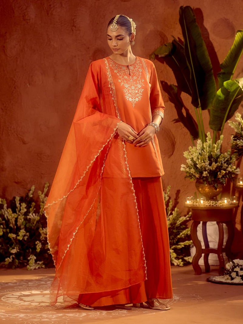 FIORRA Women’s Orange Viscose Chanderi Embroidered Ethnic Straight Kurta Set with Dupatta - Image 3