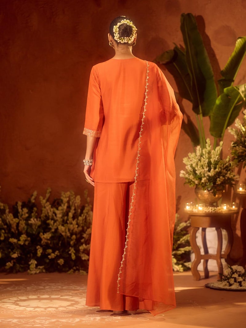 FIORRA Women’s Orange Viscose Chanderi Embroidered Ethnic Straight Kurta Set with Dupatta - Image 2