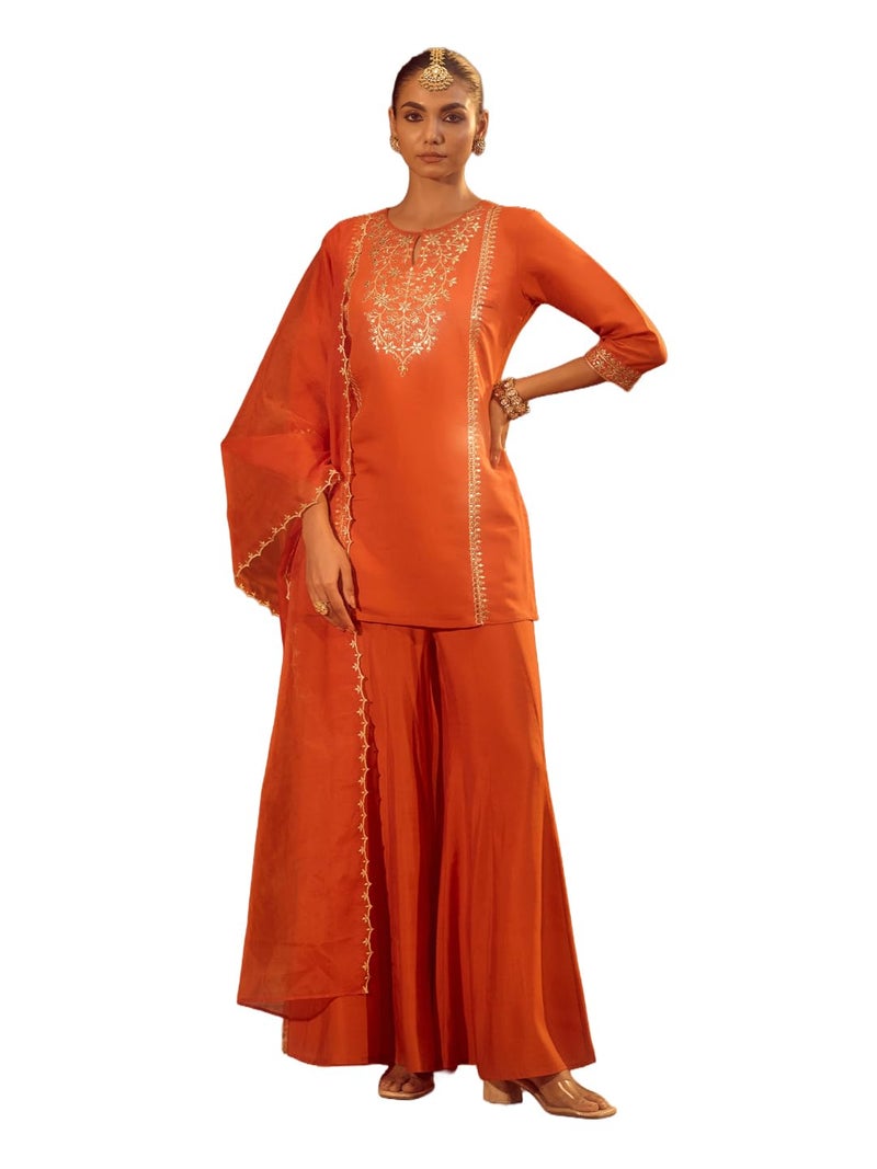 FIORRA Women’s Orange Viscose Chanderi Embroidered Ethnic Straight Kurta Set with Dupatta - Image 1