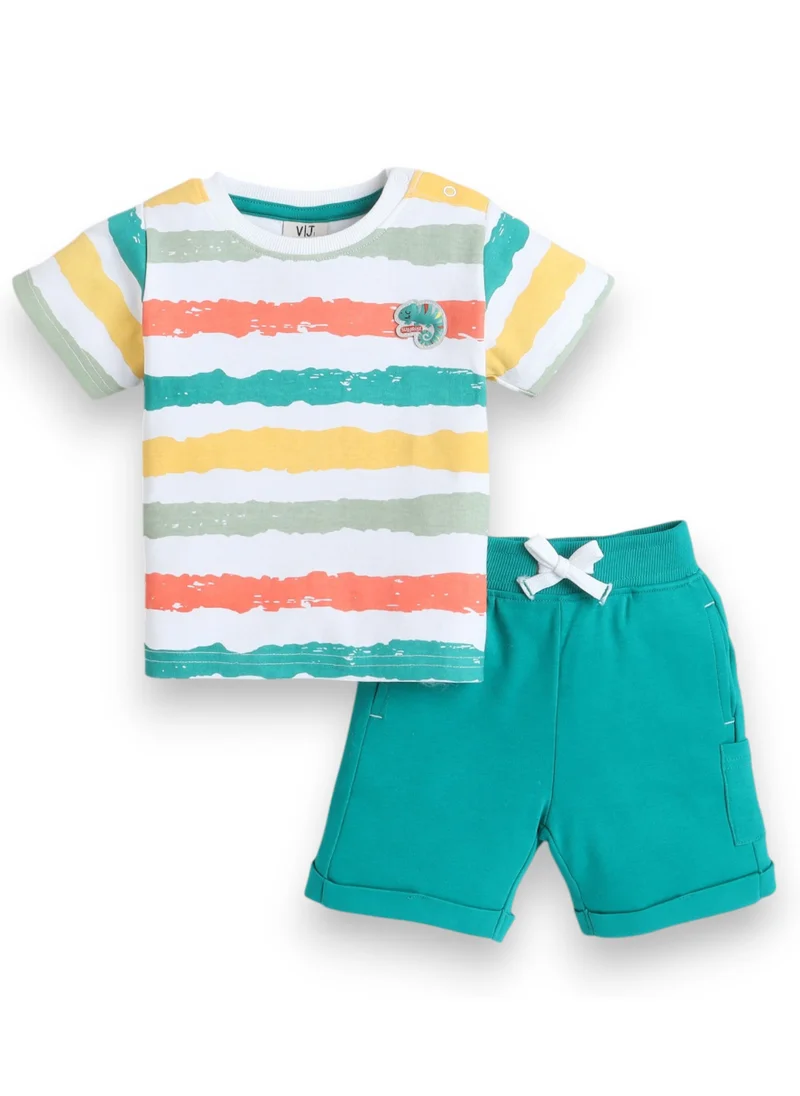 victor and jane Victor and Jane Infant 2PC Set, Multicolor Striped T-Shirt And Green Shorts