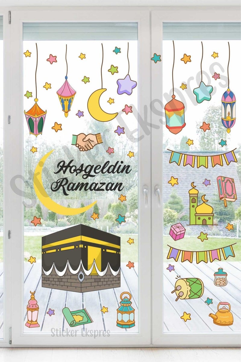 Sticker Ekspres Sticker Express Kaaba and Colorful Ramadan Lanterns Ramadan Glass Wall Door Sticker Set  - Image 2