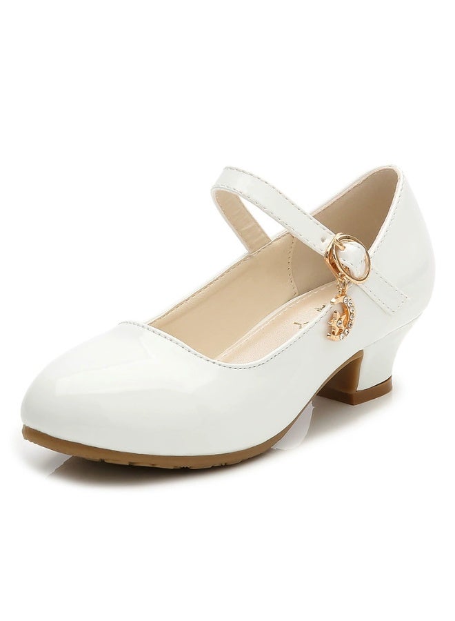 Girls' Ivory Patent Mary Jane Low Heel Dress Shoes, Kids' Formal Party Pumps with Rhinestone Charm for Weddings & Special Occasions