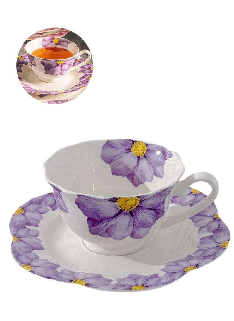 Apustim Large Floral Print Ceramic Coffee Cup With Saucer Gift Box Set，Suitable For Coffee，Tea，Hot Chocolate，Etc，Gift For Friends，Ladies Birthday，Mother's Day Gifts（Purple）  - Image 1